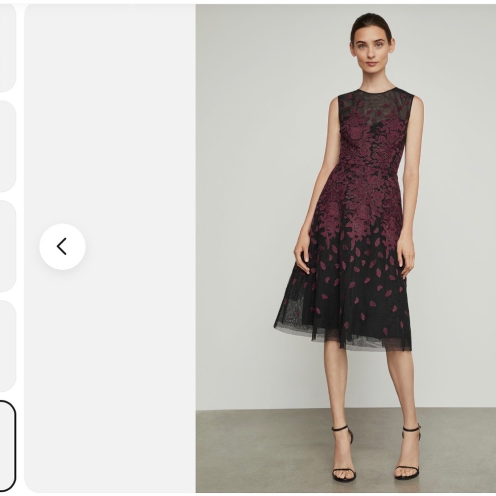 BCBG fit and flare Black and Bordeaux embroidered dress, size 4